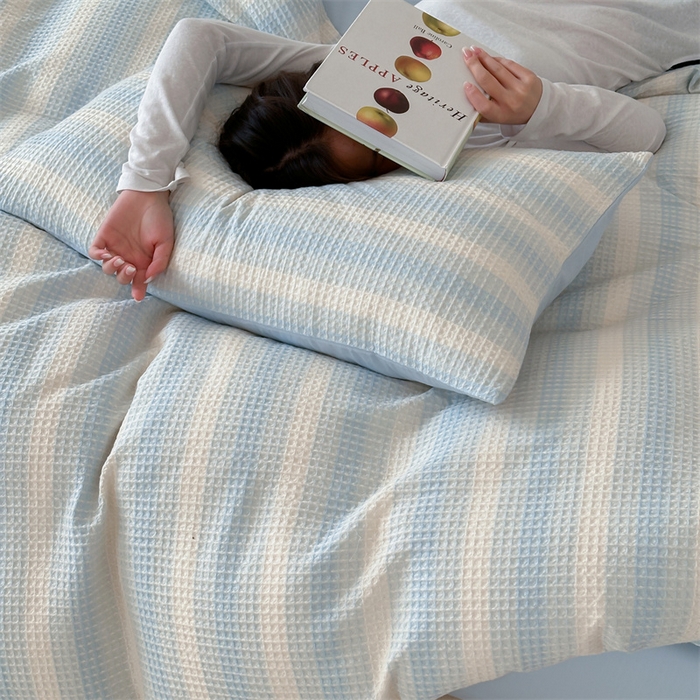 91家纺网 家纺一手货源 找家纺 小春日和 高端华夫格纯棉四件套高档民宿全棉四件套多巴胺纯棉被套人字纹纯色加大床单1.8纯色棉床笠 云牧-兰