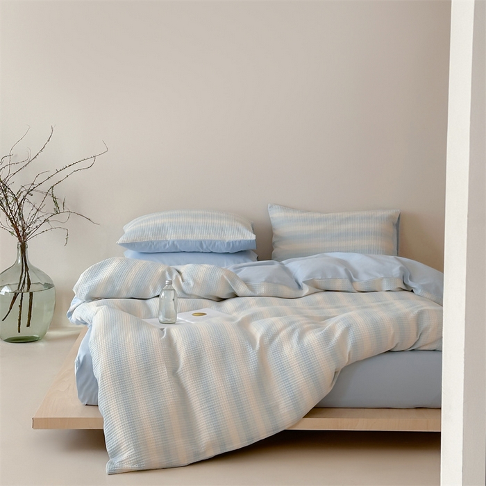 91家纺网 家纺一手货源 找家纺 小春日和 高端华夫格纯棉四件套高档民宿全棉四件套多巴胺纯棉被套人字纹纯色加大床单1.8纯色棉床笠 云牧-兰