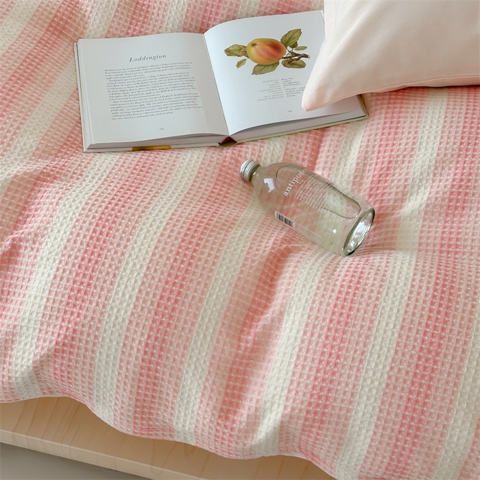 91家纺网 家纺一手货源 找家纺 （总）小春日和 高端华夫格纯棉四件套高档民宿全棉四件套多巴胺纯棉被套人字纹纯色加大床单1.8纯色棉床笠