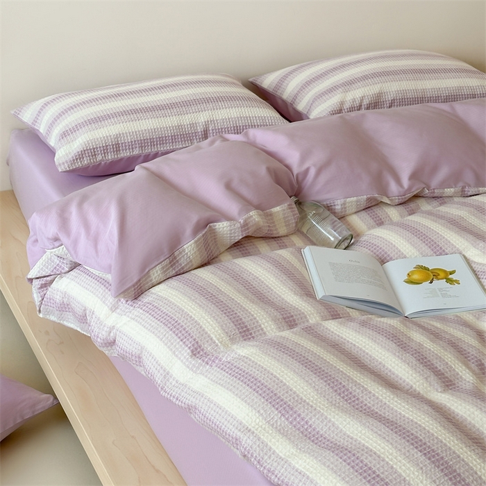 91家纺网 家纺一手货源 找家纺 小春日和 高端华夫格纯棉四件套高档民宿全棉四件套多巴胺纯棉被套人字纹纯色加大床单1.8纯色棉床笠 云牧-紫
