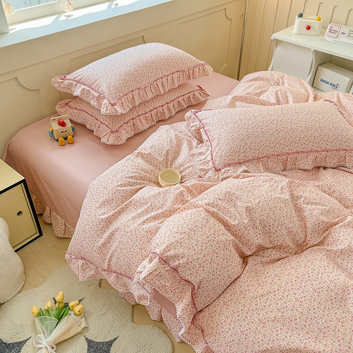 91家纺网 家纺一手货源 找家纺 缦彩家纺  2025新款韩版全棉公主风床单四件套 美娜