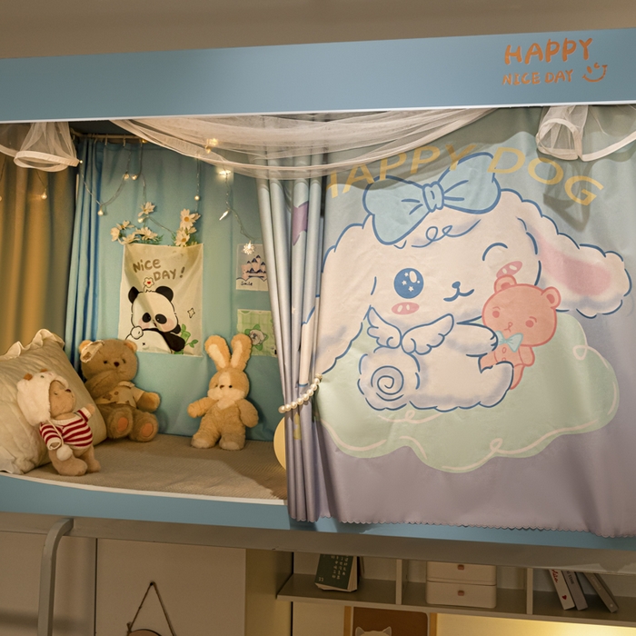 91家纺网 家纺一手货源 找家纺 觅妮家纺 2025新款99%强遮光涂银涂层大版数码印花宿舍学生床帘蚊帐 梦幻爱宠