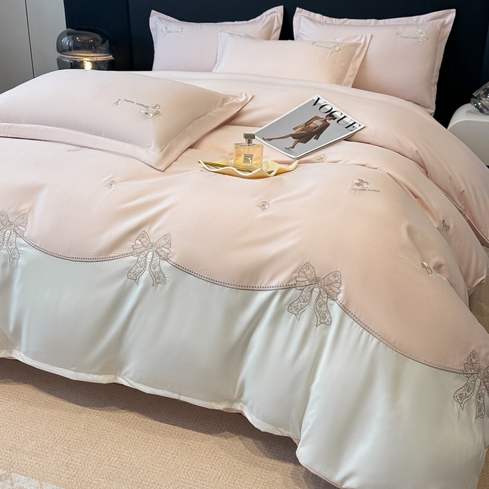 91家纺网 家纺一手货源 找家纺 梧桐家居 2025新款亲肤棉绣花四件套-米勒 米勒-浅粉