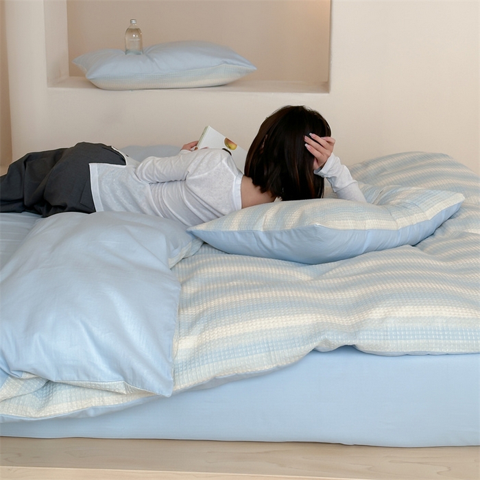 91家纺网 家纺一手货源 找家纺 小春日和 高端华夫格纯棉四件套高档民宿全棉四件套多巴胺纯棉被套人字纹纯色加大床单1.8纯色棉床笠 云牧-兰