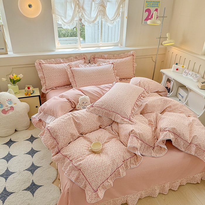 91家纺网 家纺一手货源 找家纺 缦彩家纺  2025新款韩版全棉公主风床单四件套 美娜