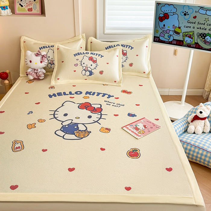 91家纺网 家纺一手货源 找家纺 蓝邻 2025春夏新款正版三丽鸥600D冰藤大版数码印花凉席-场景一 hellokitty