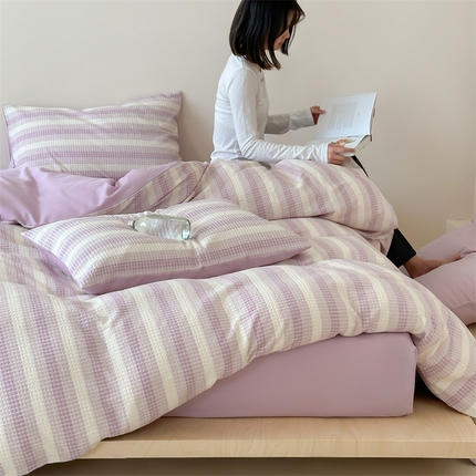 小春日和 高端华夫格纯棉四件套高档民宿全棉四件套多巴胺纯棉被套人字纹纯色加大床单1.8纯色棉床笠 云牧-紫