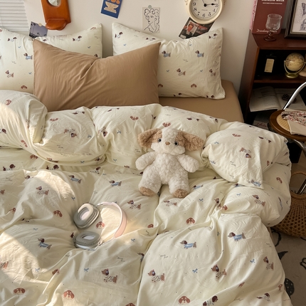 91家纺网 家纺一手货源 找家纺 （总）罗亿家纺 罗亿家纺 2025新款软绵绵的双拼印花小清新云朵皱皱水洗棉四件套（含买家秀）