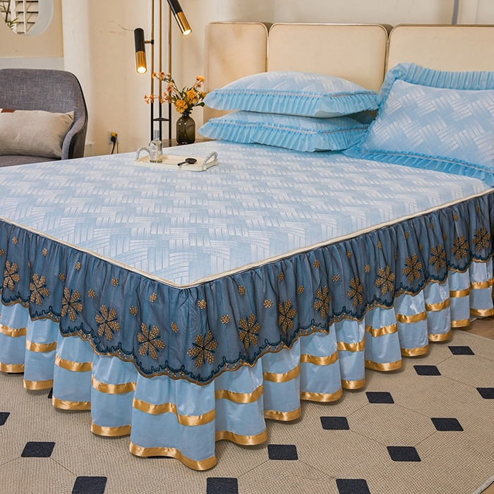 91家纺网 家纺一手货源 找家纺 情恒家纺   2025新款提花PE海洋丝可脱卸床裙席三件套 城市剪影 清新蓝