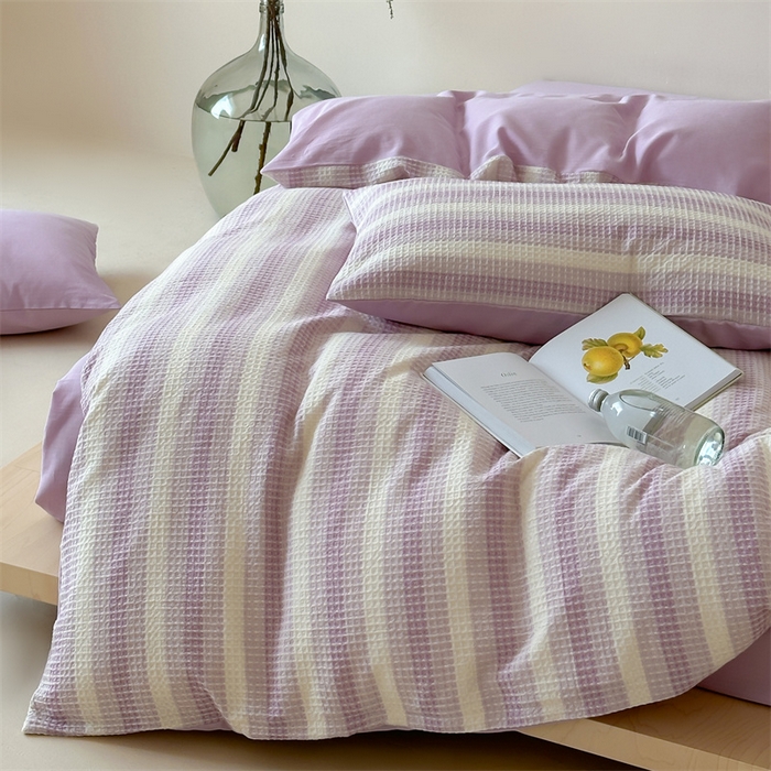 91家纺网 家纺一手货源 找家纺 小春日和 高端华夫格纯棉四件套高档民宿全棉四件套多巴胺纯棉被套人字纹纯色加大床单1.8纯色棉床笠 云牧-紫