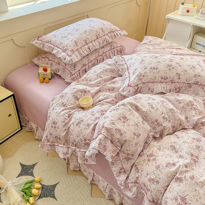 91家纺网 家纺一手货源 找家纺 缦彩家纺  2025新款韩版全棉公主风床单四件套 缤纷绮梦