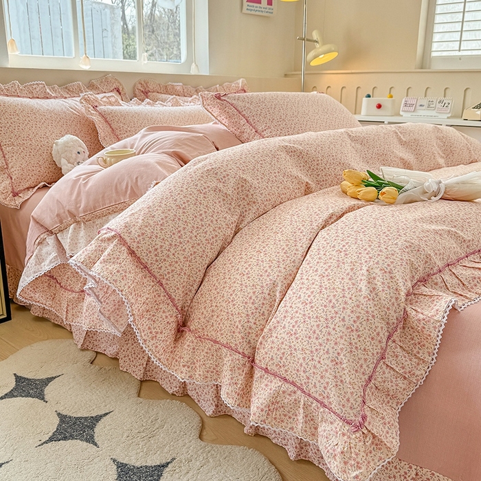 91家纺网 家纺一手货源 找家纺 缦彩家纺  2025新款韩版全棉公主风床单四件套 美娜