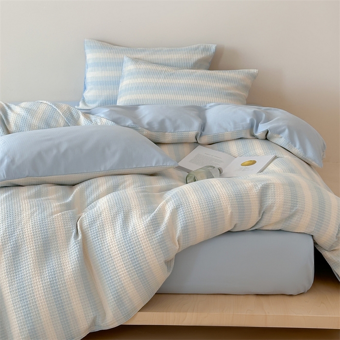 91家纺网 家纺一手货源 找家纺 小春日和 高端华夫格纯棉四件套高档民宿全棉四件套多巴胺纯棉被套人字纹纯色加大床单1.8纯色棉床笠 云牧-兰