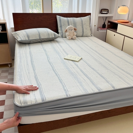 雅居纺家纺 2025新款A类加厚三明治底简约提花凉感席系列-床笠款 线条-蓝