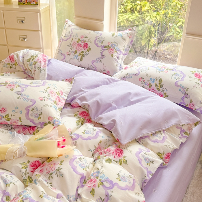 91家纺网 家纺一手货源 找家纺 佑金甜 2025新款100%全棉印花四件套纯棉印花单被套三件套（尺寸已预留）（礼盒塑封包装）（买家秀加V)粉霭玫瑰笺