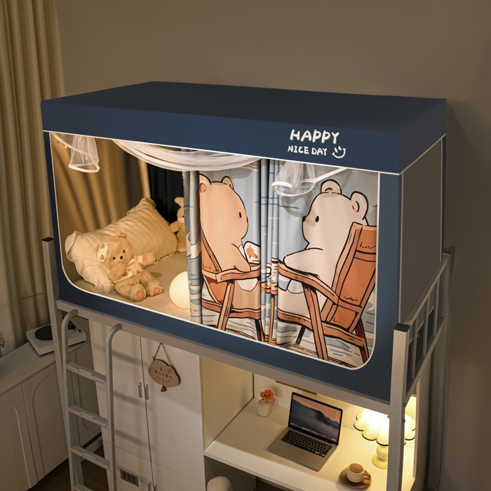 91家纺网 家纺一手货源 找家纺 觅妮家纺 2025新款99%强遮光涂银涂层大版数码印花宿舍学生床帘蚊帐 海边日记