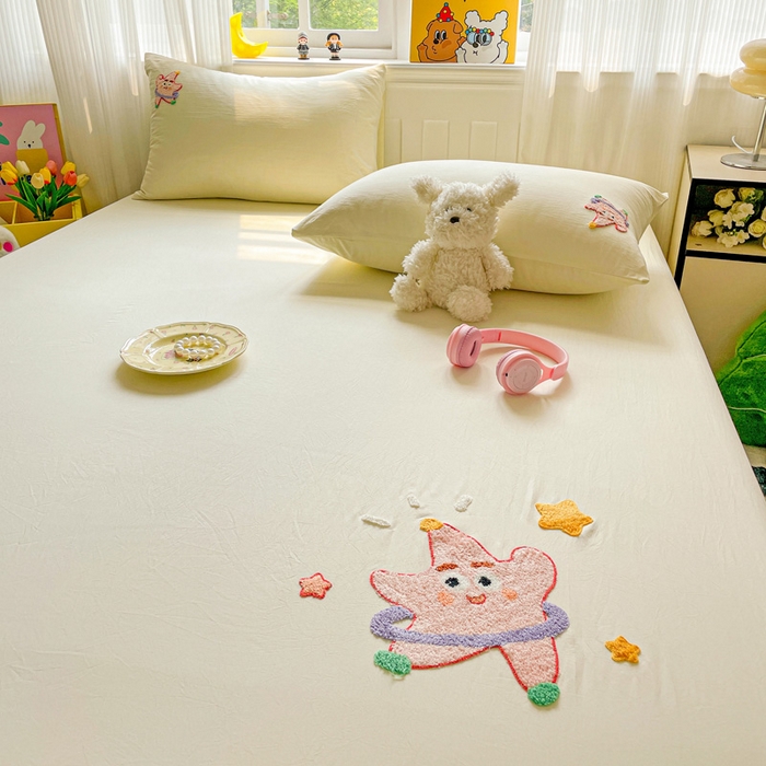 91家纺网 家纺一手货源 找家纺 海岛哥哥 2025春夏新款卡通毛巾绣床笠 可爱星星-黄