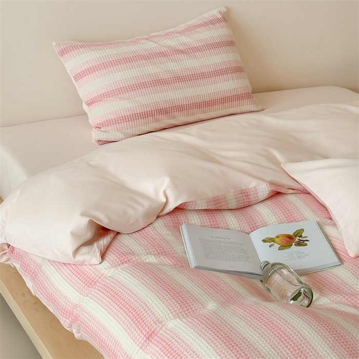 91家纺网 家纺一手货源 找家纺 （总）小春日和 高端华夫格纯棉四件套高档民宿全棉四件套多巴胺纯棉被套人字纹纯色加大床单1.8纯色棉床笠