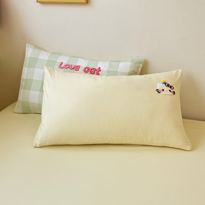 91家纺网 家纺一手货源 找家纺 雨帆  2025新款卡通水洗棉毛巾绣四件套 绿格芝士