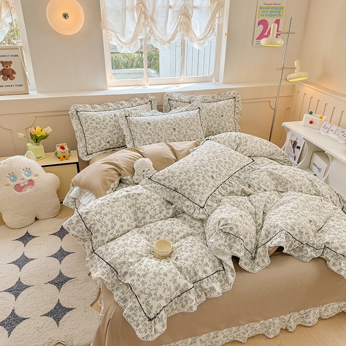 91家纺网 家纺一手货源 找家纺 缦彩家纺  2025新款韩版全棉公主风床单四件套 奥罗拉