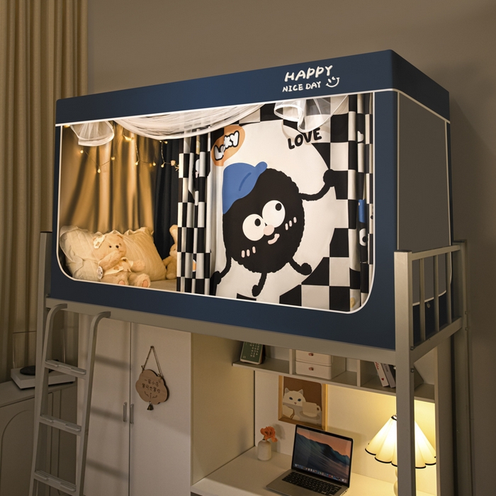 91家纺网 家纺一手货源 找家纺 觅妮家纺 2025新款99%强遮光涂银涂层大版数码印花宿舍学生床帘蚊帐 煤有烦恼