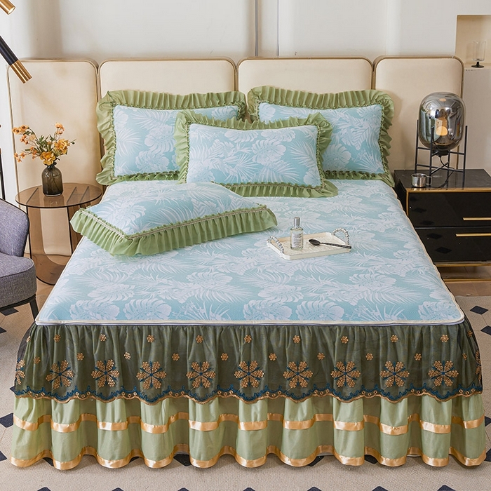 91家纺网 家纺一手货源 找家纺 情恒家纺   2025新款提花PE海洋丝可脱卸床裙席三件套 生如夏花 清新蓝