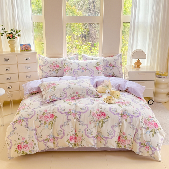 91家纺网 家纺一手货源 找家纺 佑金甜 2025新款100%全棉印花四件套纯棉印花单被套三件套（尺寸已预留）（礼盒塑封包装）（买家秀加V)粉霭玫瑰笺