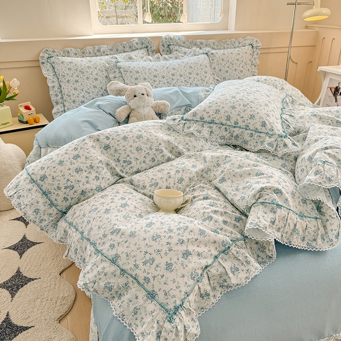 91家纺网 家纺一手货源 找家纺 缦彩家纺  2025新款韩版全棉公主风床单四件套 海韵花