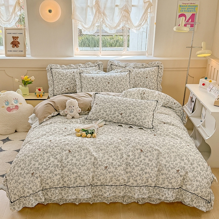 91家纺网 家纺一手货源 找家纺 缦彩家纺  2025新款韩版全棉公主风床单四件套 奥罗拉