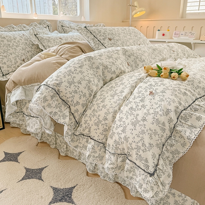 91家纺网 家纺一手货源 找家纺 缦彩家纺  2025新款韩版全棉公主风床单四件套 奥罗拉