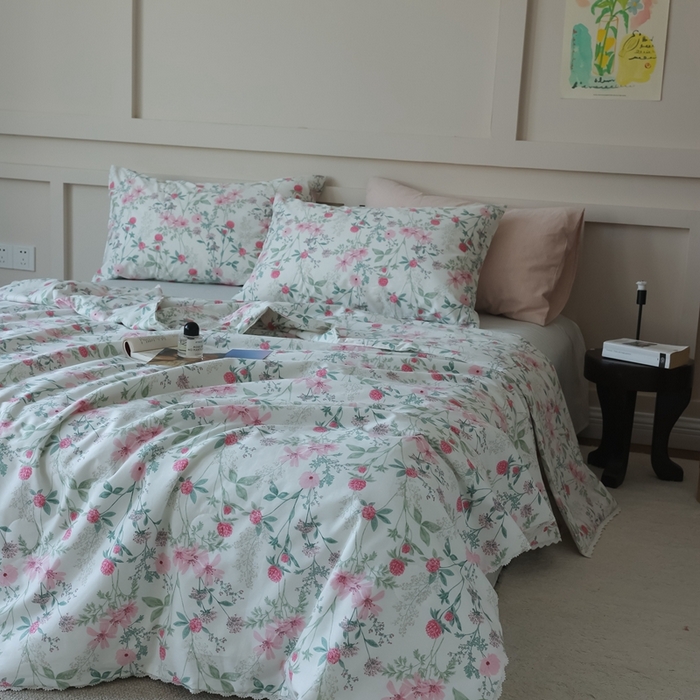 91家纺网 家纺一手货源 找家纺 棉眠 2025新款纯棉花边夏被套件 漫步花庭