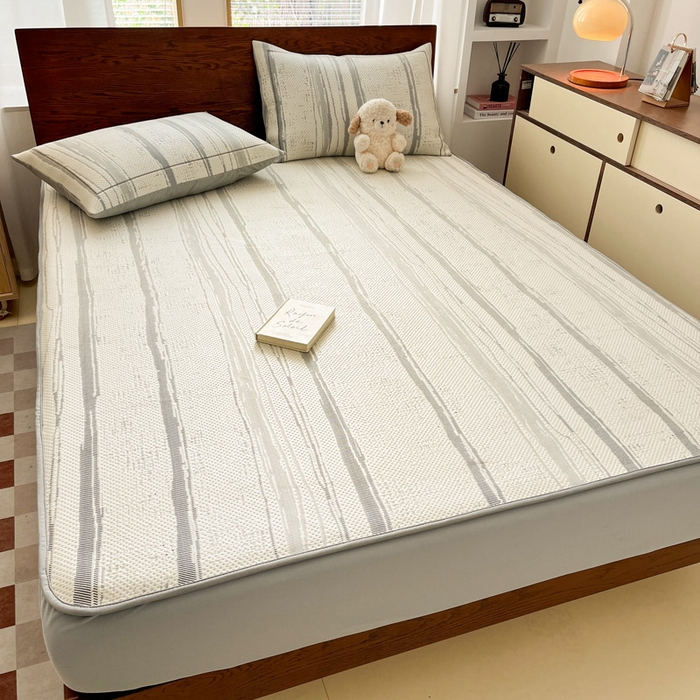 91家纺网 家纺一手货源 找家纺 雅居纺家纺 2025新款A类加厚三明治底简约提花凉感席系列-床笠款 线条-灰