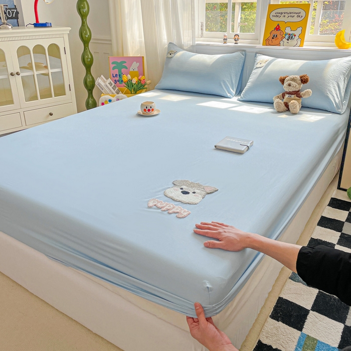 91家纺网 家纺一手货源 找家纺 海岛哥哥 2025春夏新款卡通毛巾绣床笠 小狗