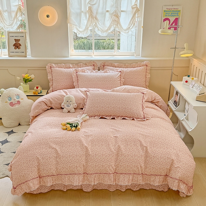 91家纺网 家纺一手货源 找家纺 缦彩家纺  2025新款韩版全棉公主风床单四件套 美娜