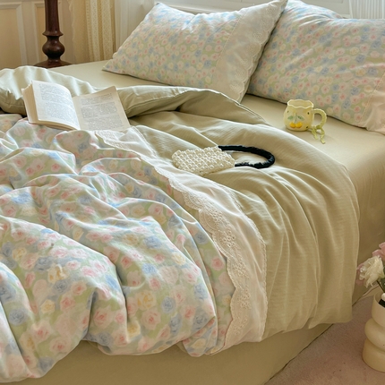 首尔2025新款全棉双层纱小碎花花边款四件套 玫瑰物语