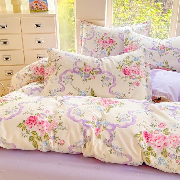 91家纺网 家纺一手货源 找家纺 佑金甜 2025新款100%全棉印花四件套纯棉印花单被套三件套（尺寸已预留）（礼盒塑封包装）（买家秀加V)粉霭玫瑰笺