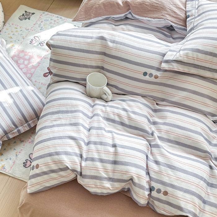 91家纺网 家纺一手货源 找家纺 喜四方 2025新款全棉A类母婴级抗菌全棉双层纱四件套 初见-灰