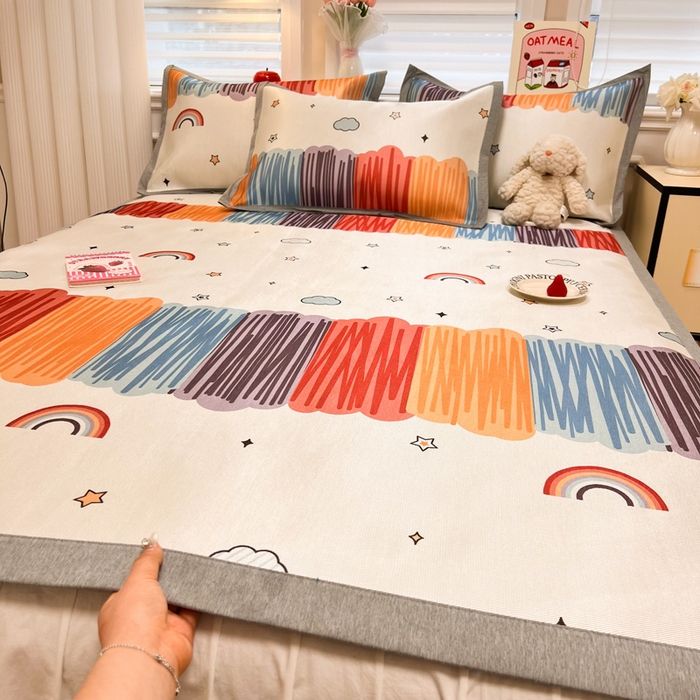 91家纺网 家纺一手货源 找家纺 懒猫 2025新款600D数码印花冰丝凉席席子 多彩世界