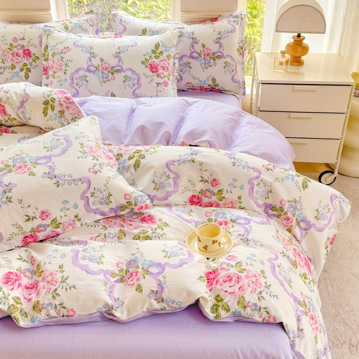 91家纺网 家纺一手货源 找家纺 佑金甜 2025新款100%全棉印花四件套纯棉印花单被套三件套（尺寸已预留）（礼盒塑封包装）（买家秀加V)粉霭玫瑰笺