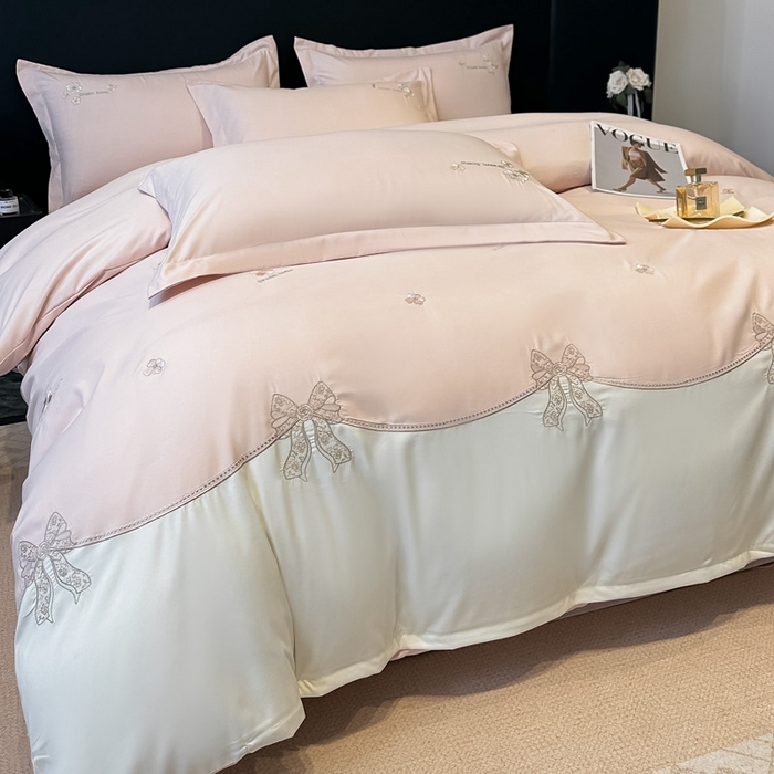 91家纺网 家纺一手货源 找家纺 梧桐家居 2025新款亲肤棉绣花四件套-米勒 米勒-浅粉