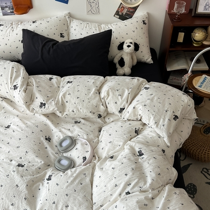 91家纺网 家纺一手货源 找家纺 （总）罗亿家纺 罗亿家纺 2025新款软绵绵的双拼印花小清新云朵皱皱水洗棉四件套（含买家秀）