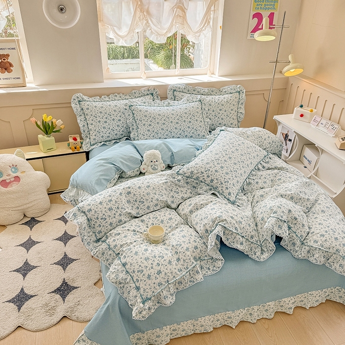 91家纺网 家纺一手货源 找家纺 缦彩家纺  2025新款韩版全棉公主风床单四件套 海韵花