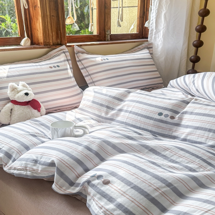 91家纺网 家纺一手货源 找家纺 喜四方 2025新款全棉A类母婴级抗菌全棉双层纱四件套 初见-灰