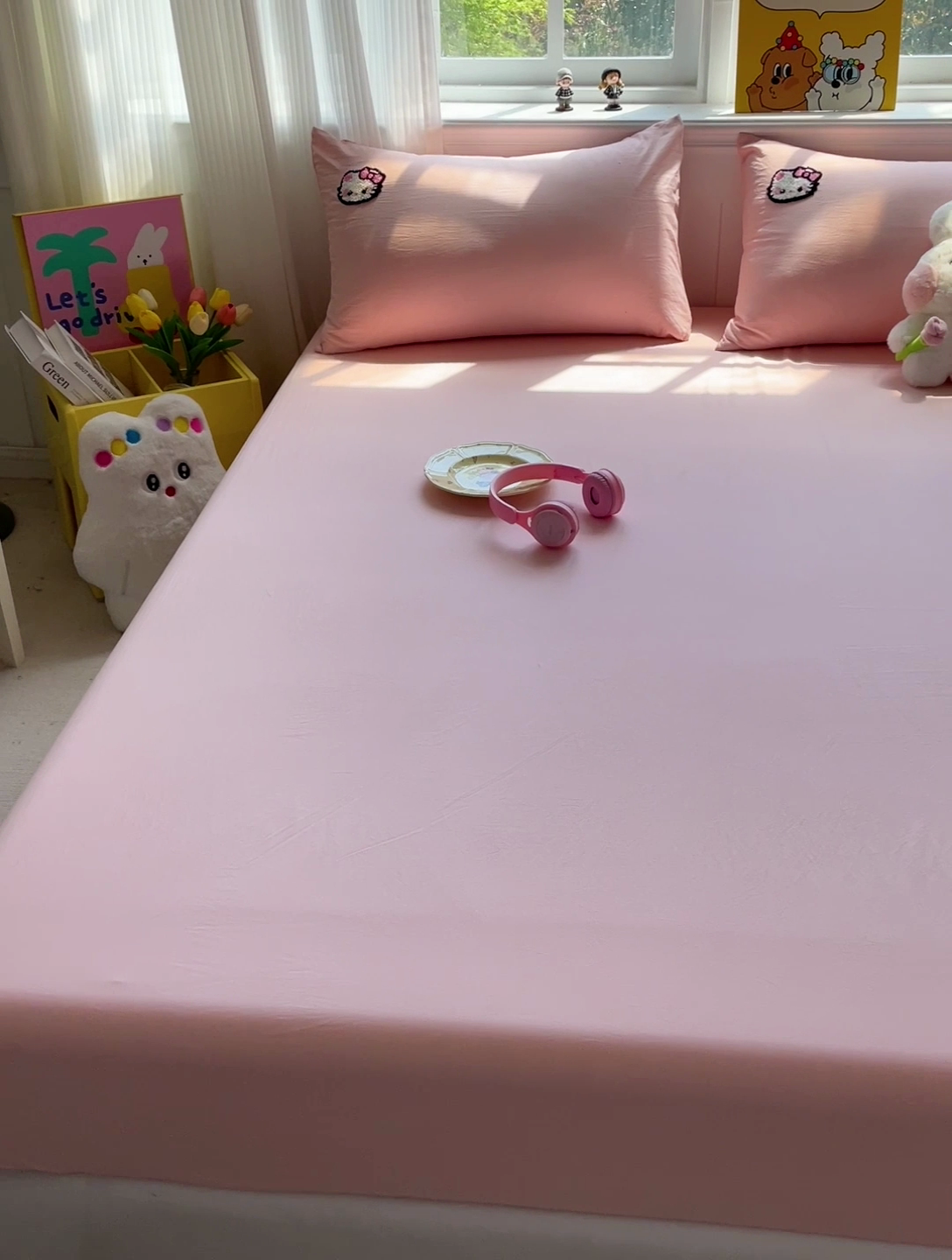 91家纺网 家纺一手货源 找家纺 海岛哥哥 2025春夏新款卡通毛巾绣床笠 粉红小喵-粉