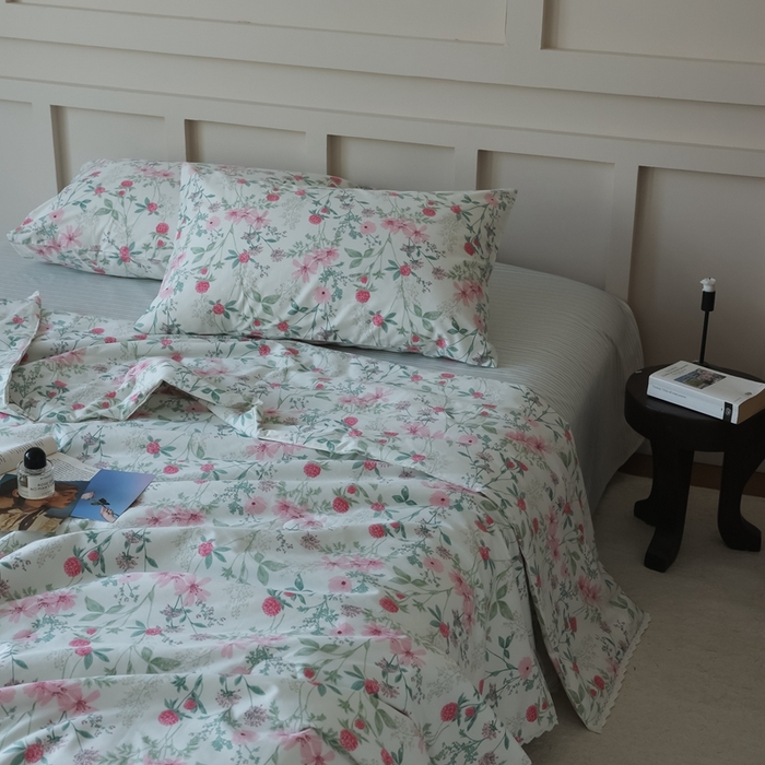 91家纺网 家纺一手货源 找家纺 棉眠 2025新款纯棉花边夏被套件 漫步花庭