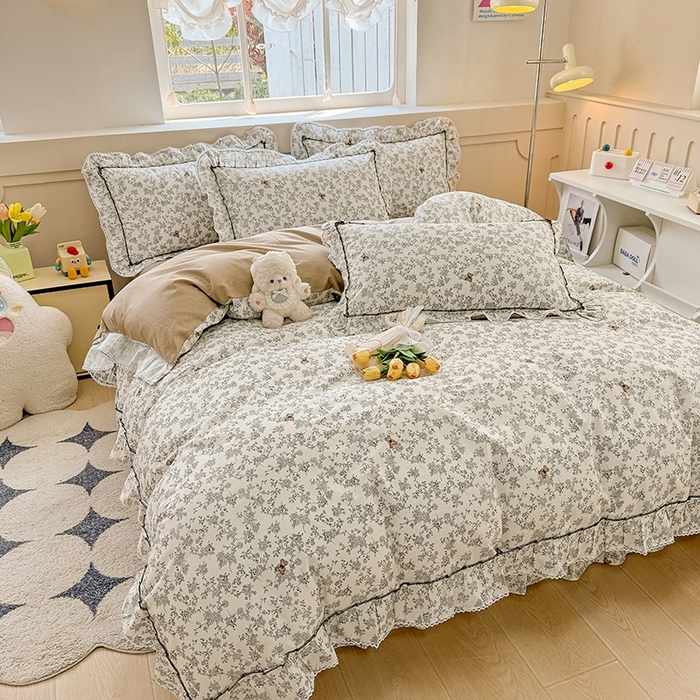 91家纺网 家纺一手货源 找家纺 缦彩家纺  2025新款韩版全棉公主风床单四件套 奥罗拉