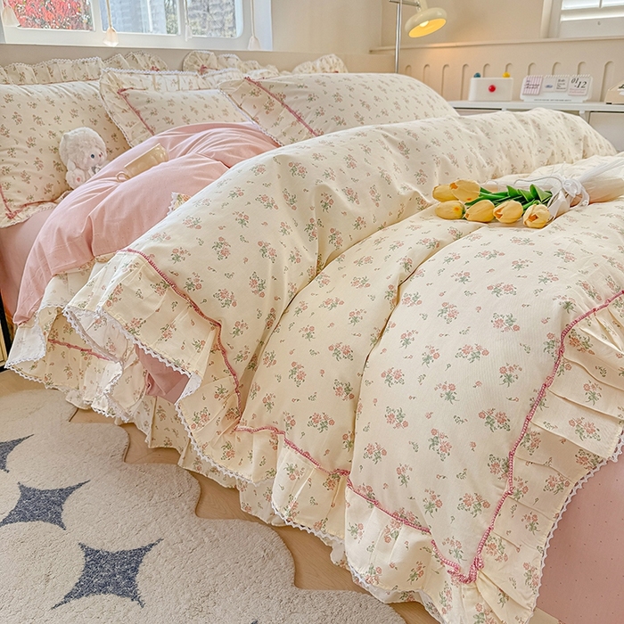 91家纺网 家纺一手货源 找家纺 缦彩家纺  2025新款韩版全棉公主风床单四件套 夕颜