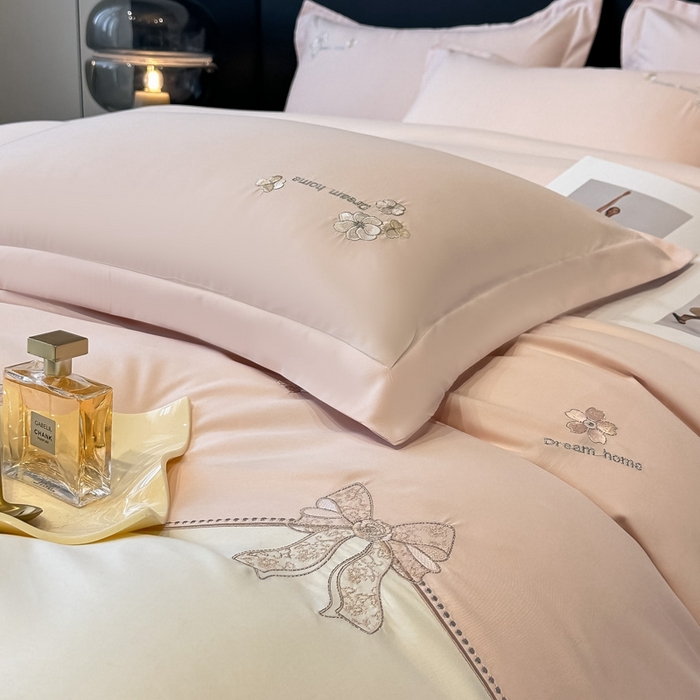 91家纺网 家纺一手货源 找家纺 梧桐家居 2025新款亲肤棉绣花四件套-米勒 米勒-浅粉