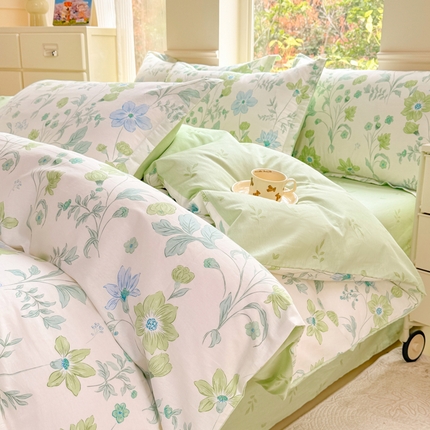 佑金甜 2025新款100%全棉印花四件套纯棉印花单被套三件套（尺寸已预留）（礼盒塑封包装）（买家秀加V)柏林绿叶