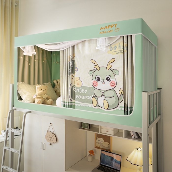 91家纺网 家纺一手货源 找家纺 觅妮家纺 2025新款99%强遮光涂银涂层大版数码印花宿舍学生床帘蚊帐 可爱龙人